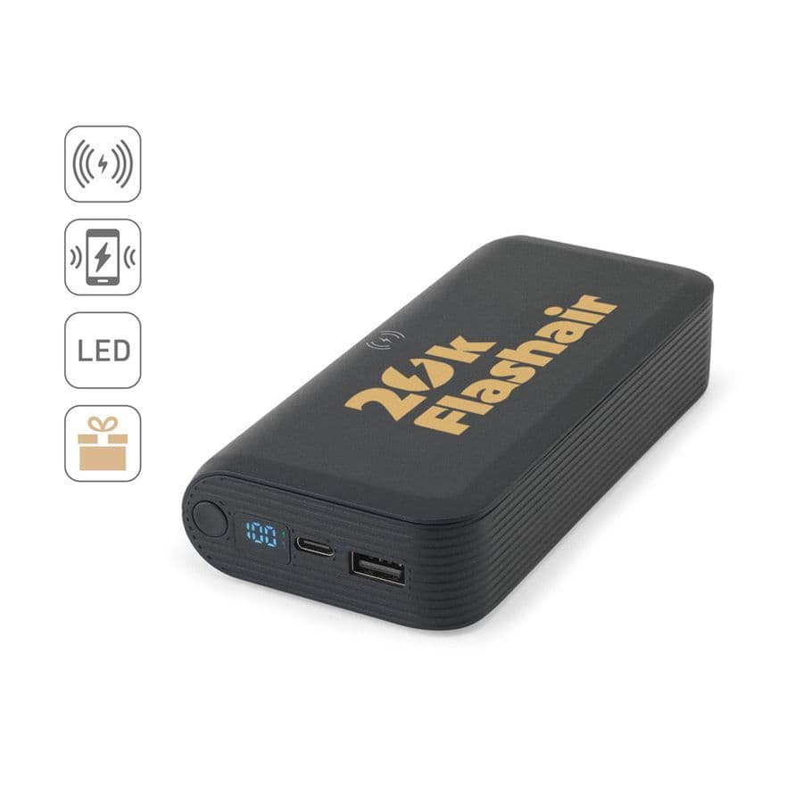 BECKER 20. 20 000 mAh powerbank i återvunnen ABS (100 % rABS) med 15 W supersnabb trådlös laddare