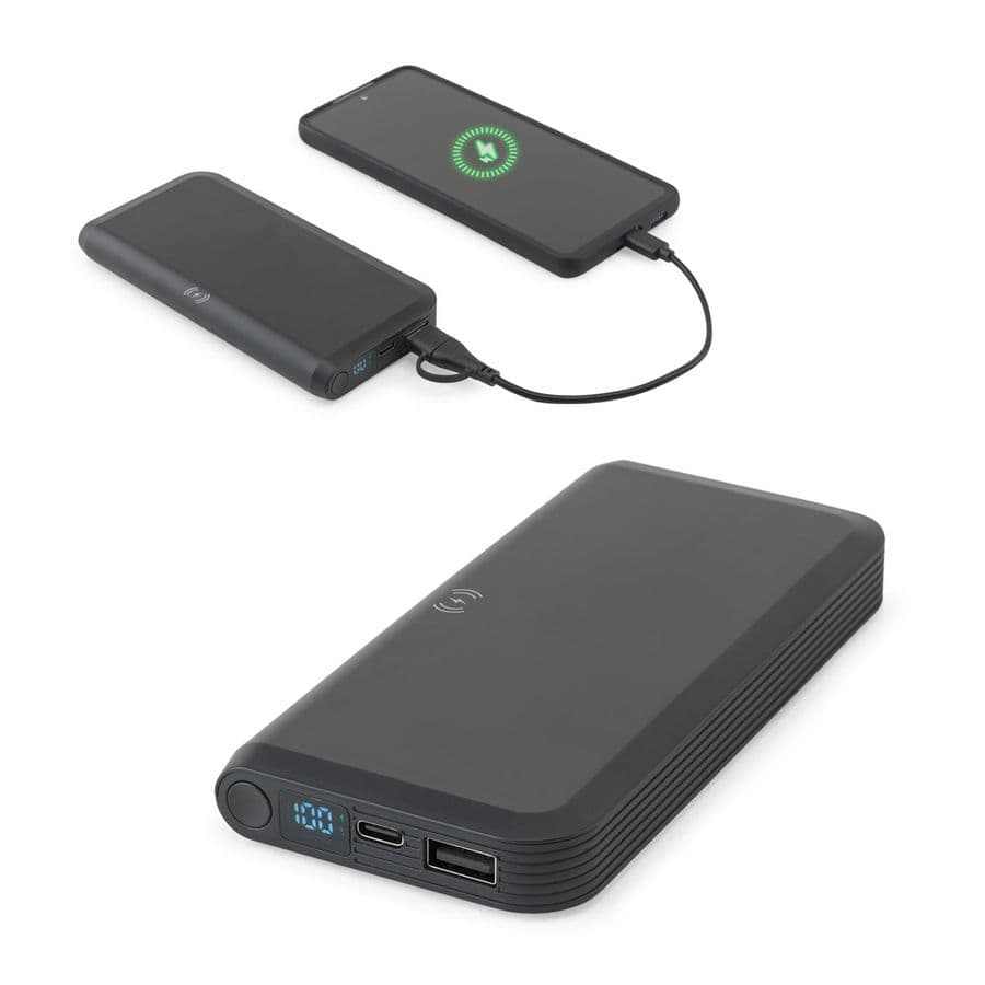 BECKER 10. 10 000 mAh powerbank i återvunnen ABS (100 % rABS) med 15 W supersnabb trådlös laddare