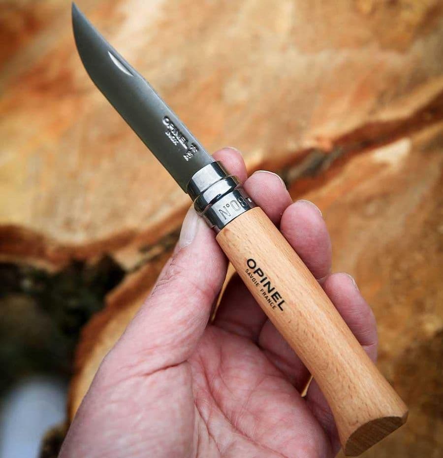 Opinel Inox No 08 pocket knife in a belt pouch